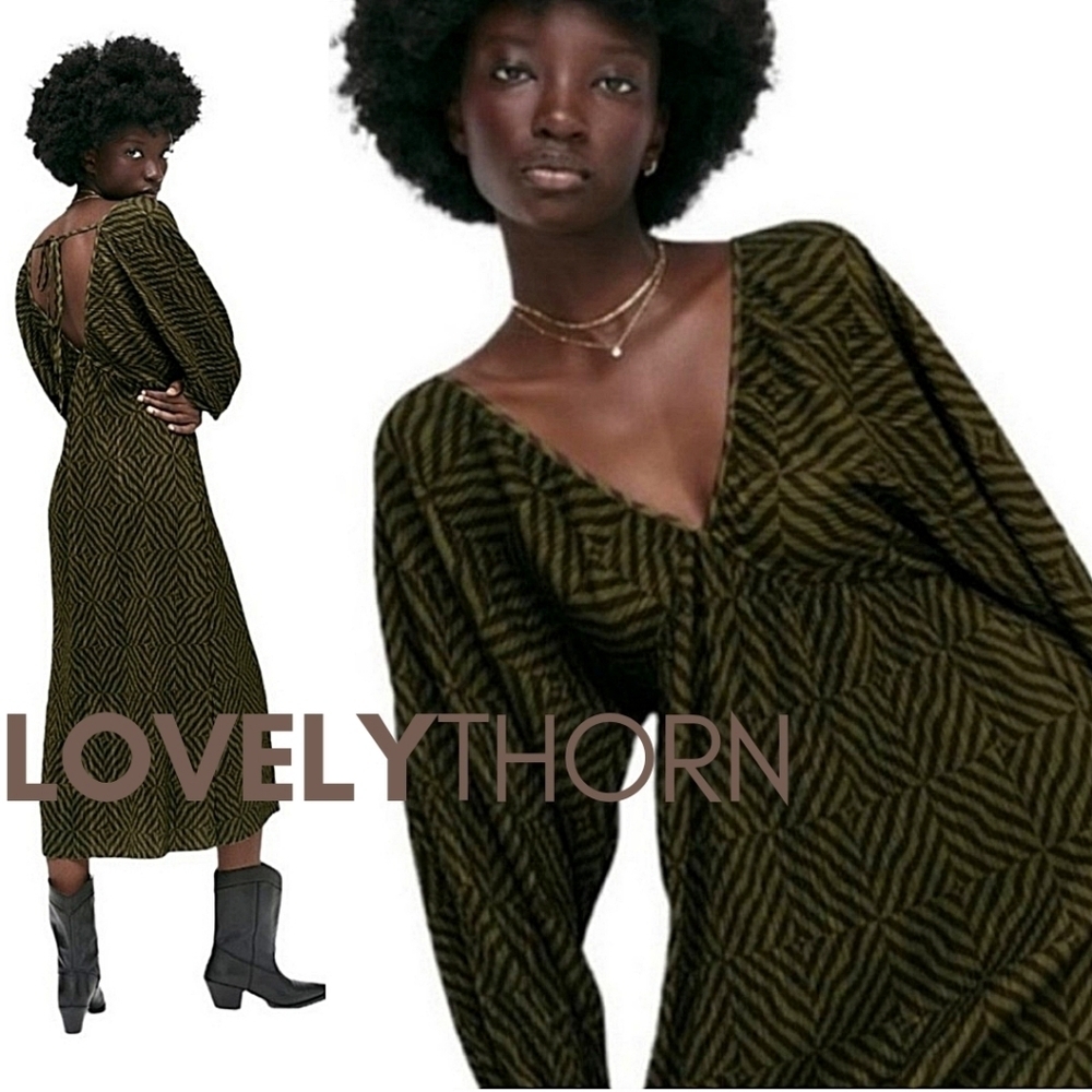 ZARA // silky pleated olive black geo print plunge balloon sleeve midi dress